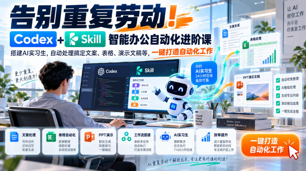 告别重复劳动！Codex+Skill智能办公自动化进阶课｜搭建AI实习生，自动处理搞定文案、表格、演示文稿等，一键打造自动化工作-爱搭资源网