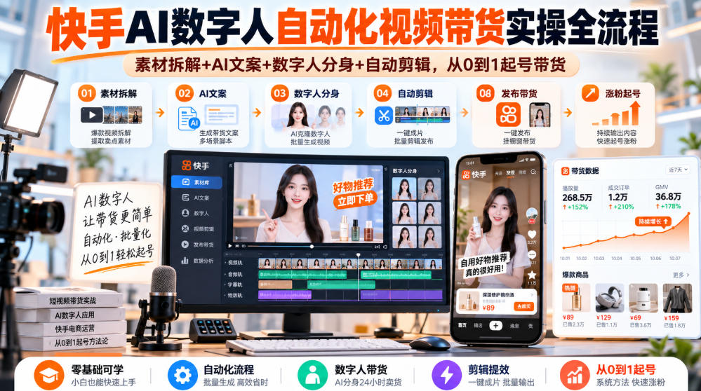 快手AI数字人自动化视频带货实操全流程｜素材拆解+AI文案+数字人分身+自动剪辑，从0到1起号带货(更新26年)-爱搭资源网