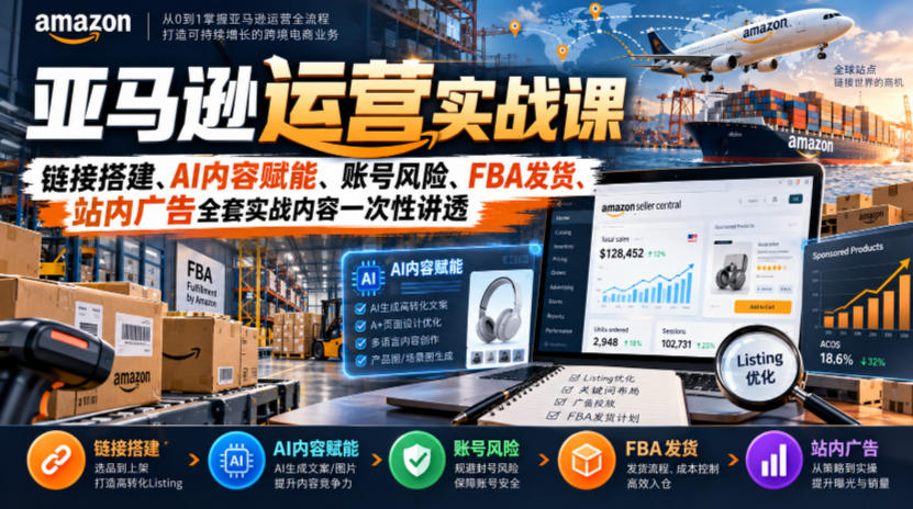 亚马逊运营实战课，链接搭建、AI内容赋能、账号风险、FBA发货、站内广告全套实战内容一次性讲透-爱搭资源网
