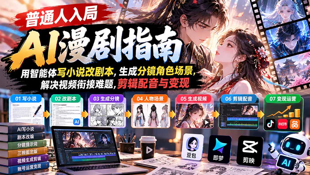 【无水印】普通人入局AI漫剧指南：用智能体写小说改剧本，生成分镜角色场景，解决视频衔接难题，剪辑配音与变现-爱搭资源网