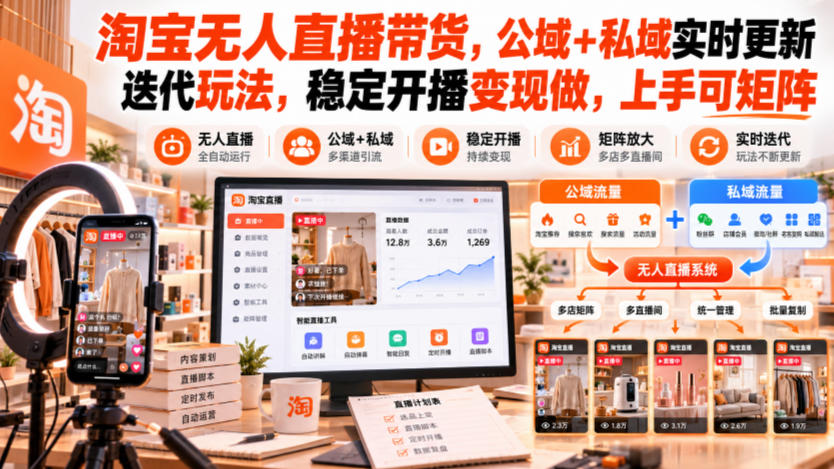 淘宝无人直播带货，公域+私域实时更新迭代玩法，稳定开播变现做，上手可矩阵【揭秘】-爱搭资源网