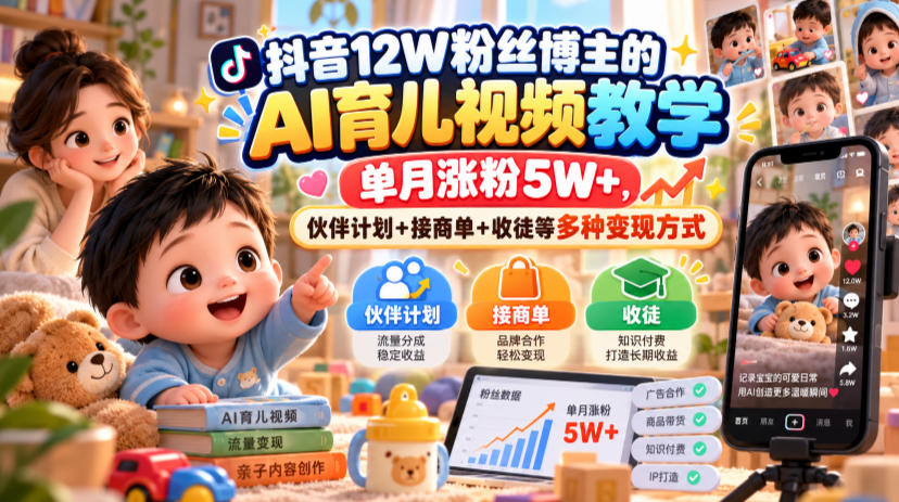 抖音12W粉丝博主的AI育儿视频教学，单月涨粉5W+，伙伴计划+接商单+收徒等多种变现方式-爱搭资源网