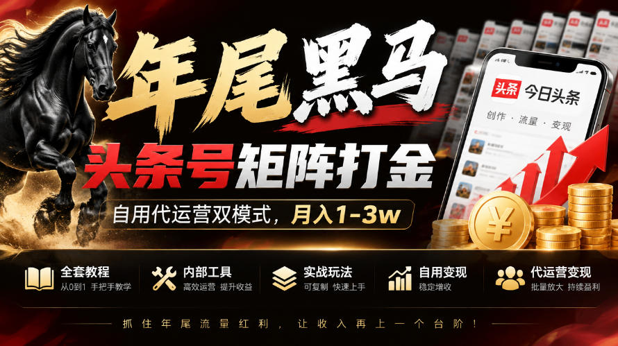 【年尾黑马】头条号矩阵打金，自用代运营双模式，月入1-3w，附全套教程及内部工具【揭秘】-爱搭资源网