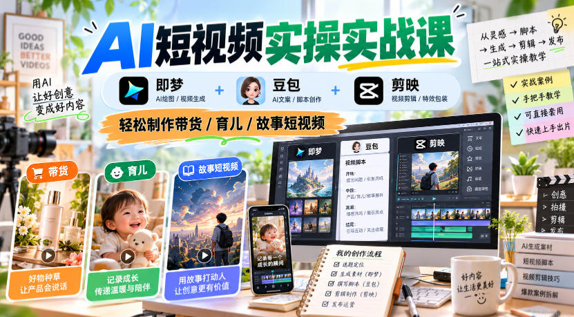 AI短视频实操实战课，即梦+豆包+剪映，轻松制作带货/育儿/故事短视频-爱搭资源网