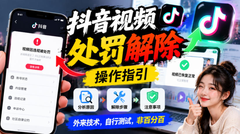 抖音视频处罚解除操作指引，外来技术，自行测试，非百分百-爱搭资源网