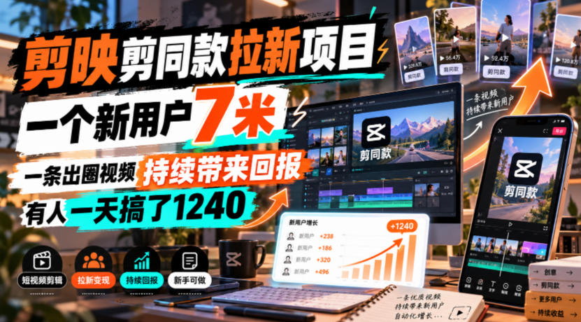 剪映剪同款拉新项目，一个新用户7米，一条出圈视频持续带来回报，有人一天搞了1240-爱搭资源网