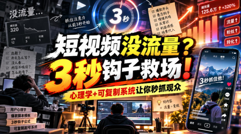 【无水印】短视频没流量？3秒钩子救场！心理学+可复制系统让你秒抓观众【原创双语字幕】-爱搭资源网