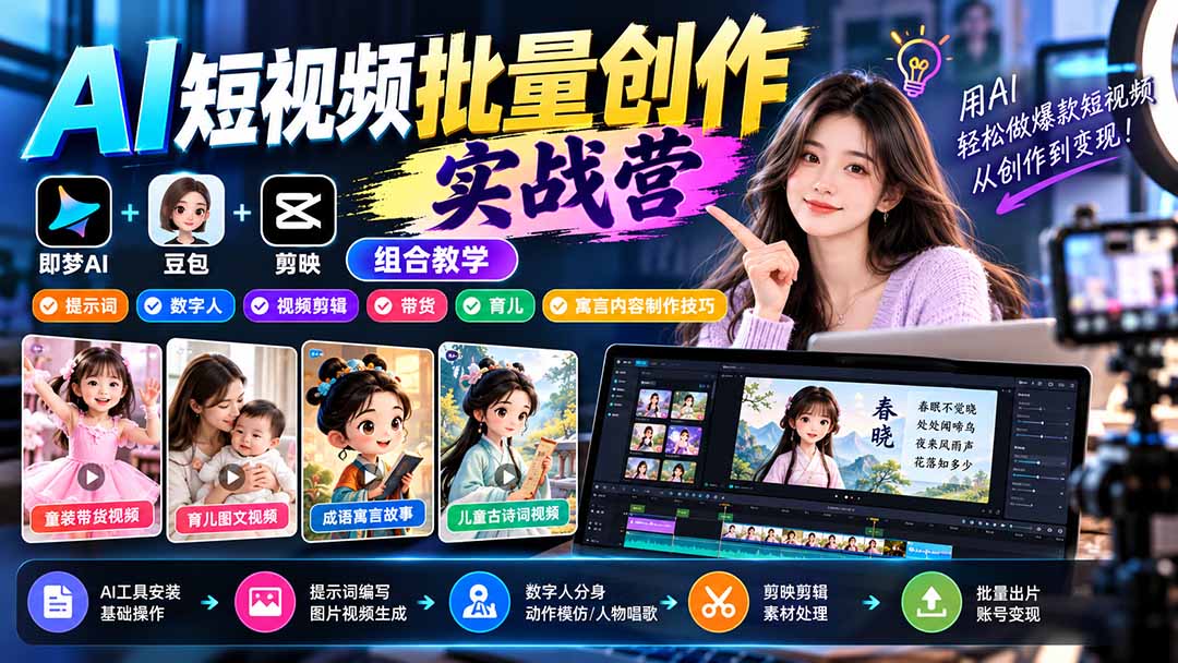 【无水印】AI短视频批量创作实战营：即梦+豆包+剪映组合教学，提示词/数字人/视频剪辑/带货/育儿/寓言内容制作技巧-爱搭资源网