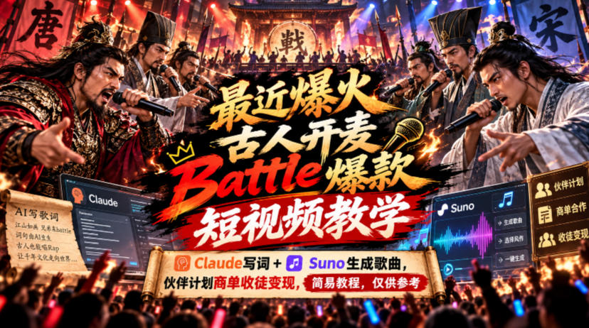 最近爆火古人开麦Battle爆款短视频教学，Claude写词+Suno生成歌曲，伙伴计划商单收徒变现，简易教程，仅供参考-爱搭资源网