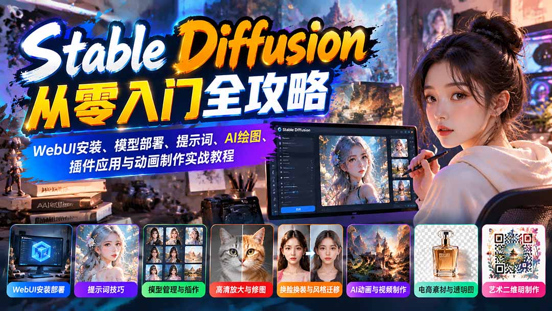 Stable Diffusion从零入门全攻略：WebUI安装、模型部署、提示词、AI绘图、插件应用与动画制作实战教程-爱搭资源网