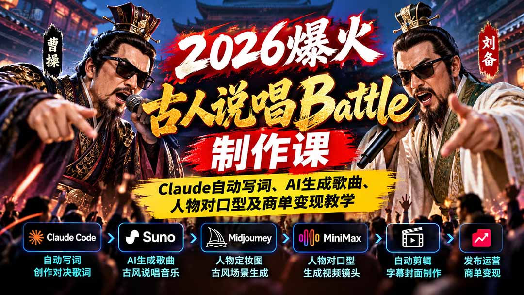 2026爆火古人说唱Battle制作课：Claude自动写词、AI生成歌曲、人物对口型及商单变现教学-爱搭资源网