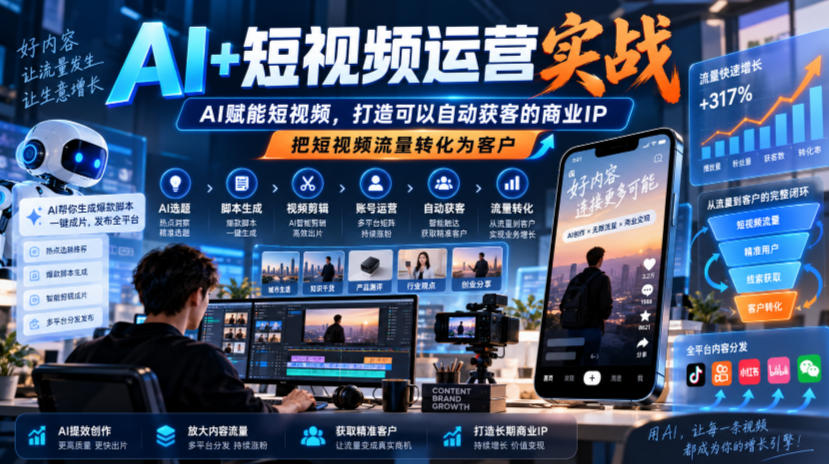 AI+短视频运营实战，AI赋能短视频，打造可以自动获客的商业IP，把短视频流量转化为客户-爱搭资源网