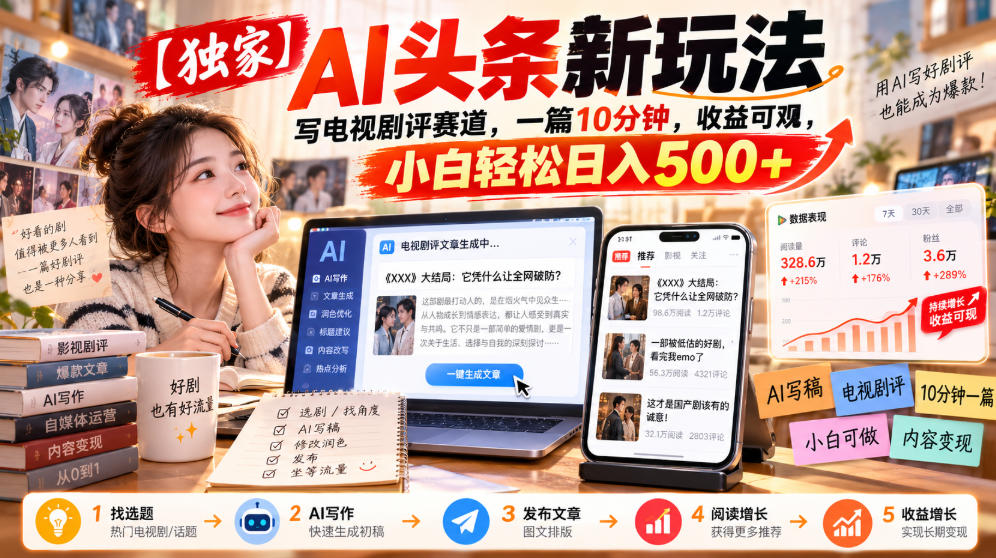 【独家】AI头条新玩法，写电视剧评赛道，一篇10分钟，收益可观，小白轻松日入500+-爱搭资源网