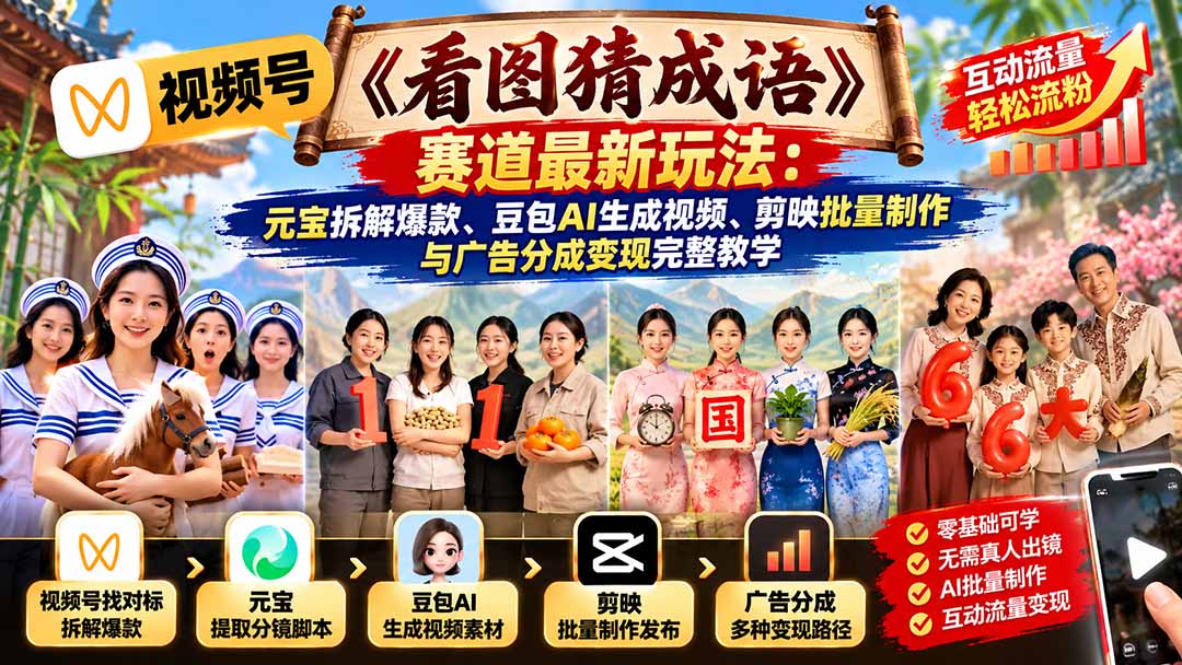 视频号《看图猜成语》赛道最新玩法：元宝拆解爆款、豆包AI生成视频、剪映批量制作与广告分成变现完整教学-爱搭资源网