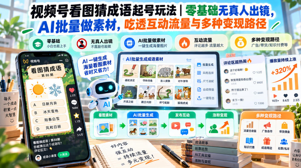 视频号看图猜成语起号玩法｜零基础无真人出镜，AI批量做素材，吃透互动流量与多种变现路径-爱搭资源网