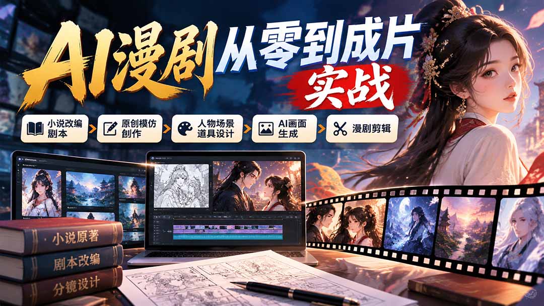AI漫剧从零到成片实战：小说改编剧本、原创模仿创作、人物场景道具设计、AI画面生成与漫剧剪辑-爱搭资源网