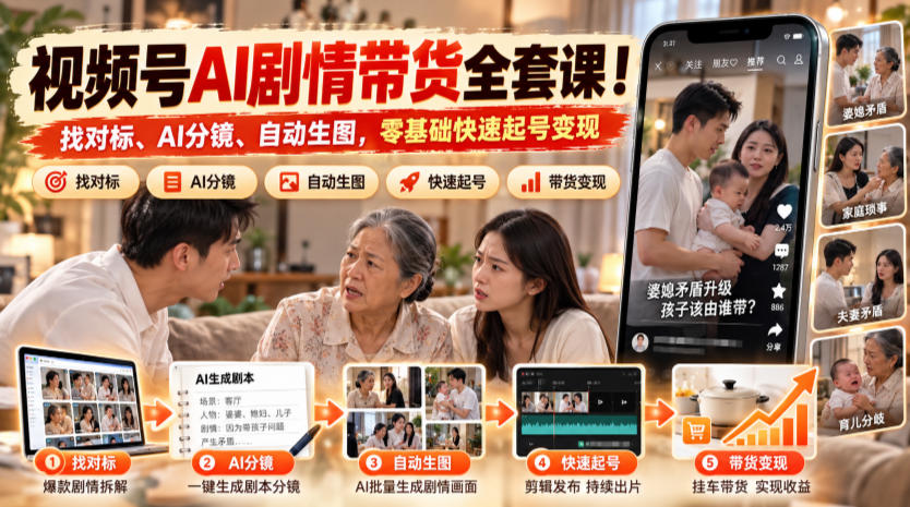 视频号AI剧情带货全套课！找对标、AI分镜、自动生图，零基础快速起号变现-爱搭资源网