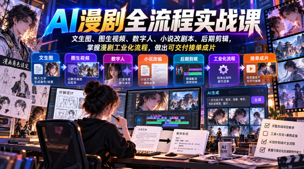 AI漫剧全流程实战课，文生图、图生视频、数字人、小说改剧本、后期剪辑，掌握漫剧工业化流程，做出可交付接单成片-爱搭资源网