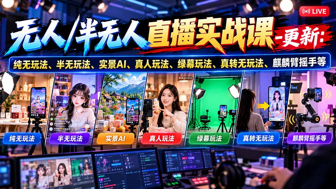无人/半无人直播实战课-10月20更新：纯无玩法、半无玩法、实景AI、真人玩法、绿幕玩法、真转无玩法、麒麟臂摇手等-爱搭资源网