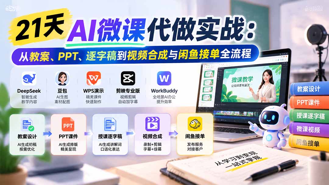 21天AI微课代做实战：从教案、PPT、逐字稿到视频合成与闲鱼接单全流程-爱搭资源网