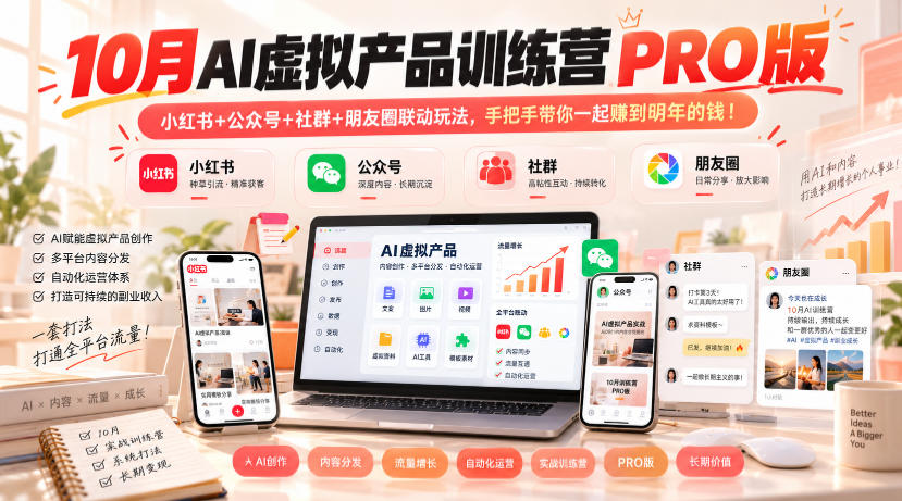 10月AI虚拟产品训练营PRO版，小红书+公众号+社群+朋友圈联动玩法，手把手带你一起赚到明年的钱！-爱搭资源网