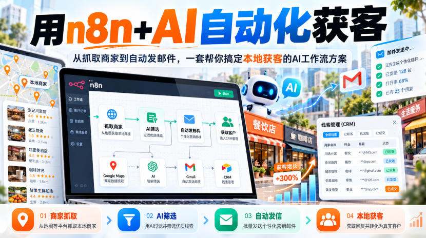 【无水印】用n8n+AI自动化获客，从抓取商家到自动发邮件，一套帮你搞定本地获客的AI工作流方案【原创双语字幕】-爱搭资源网