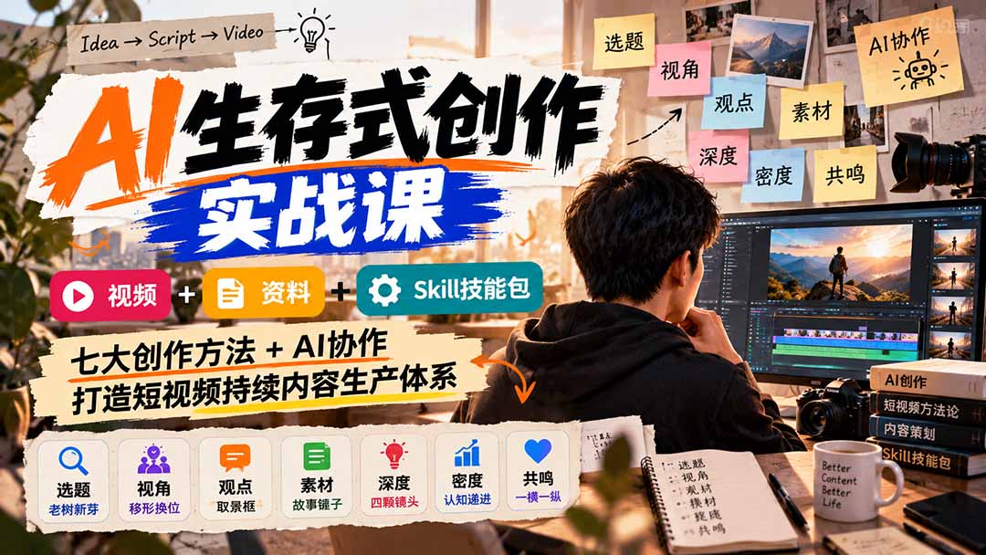 AI生存式创作实战课：视频+资料+Skill技能包，七大创作方法+AI协作，打造短视频持续内容生产体系-爱搭资源网