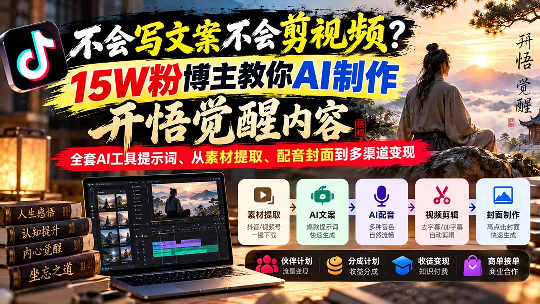 不会写文案不会剪视频？15W粉博主教你AI制作开悟觉醒内容，全套AI工具提示词、从素材提取、配音封面到多渠道变现-爱搭资源网