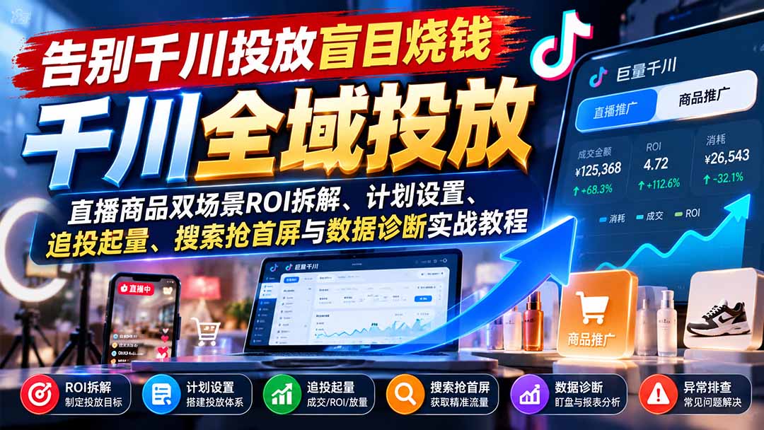 告别千川投放盲目烧钱：直播商品双场景ROI拆解、计划设置、追投起量、搜索抢首屏与数据诊断实战教程-爱搭资源网
