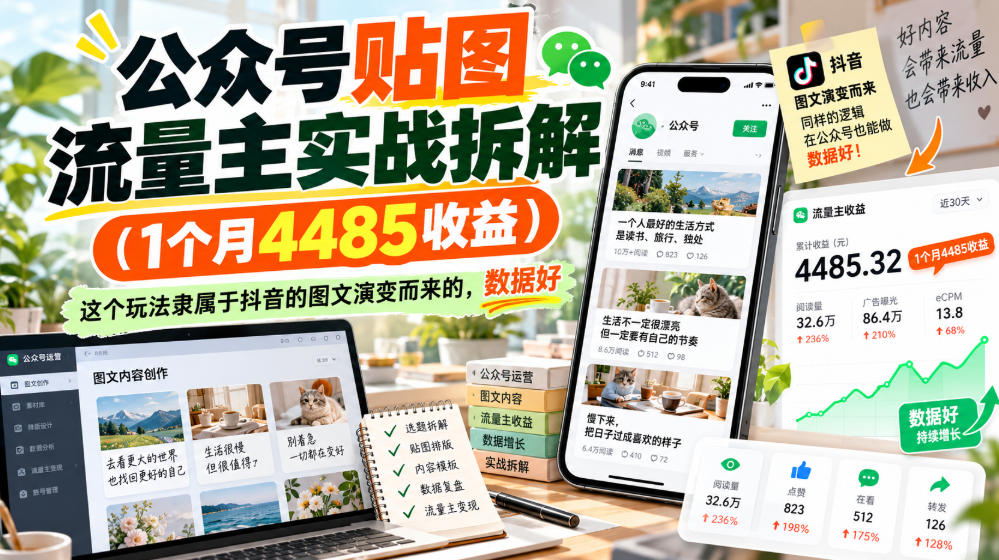公众号贴图流量主实战拆解(1个月4485收益)，这个玩法隶属于抖音的图文演变而来的，数据好-爱搭资源网
