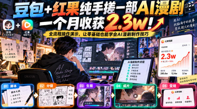 豆包+红果纯手搓一部AI漫剧一个月收获2.3w！全流程操作演示，让零基础也能学会AI漫剧制作技巧-爱搭资源网
