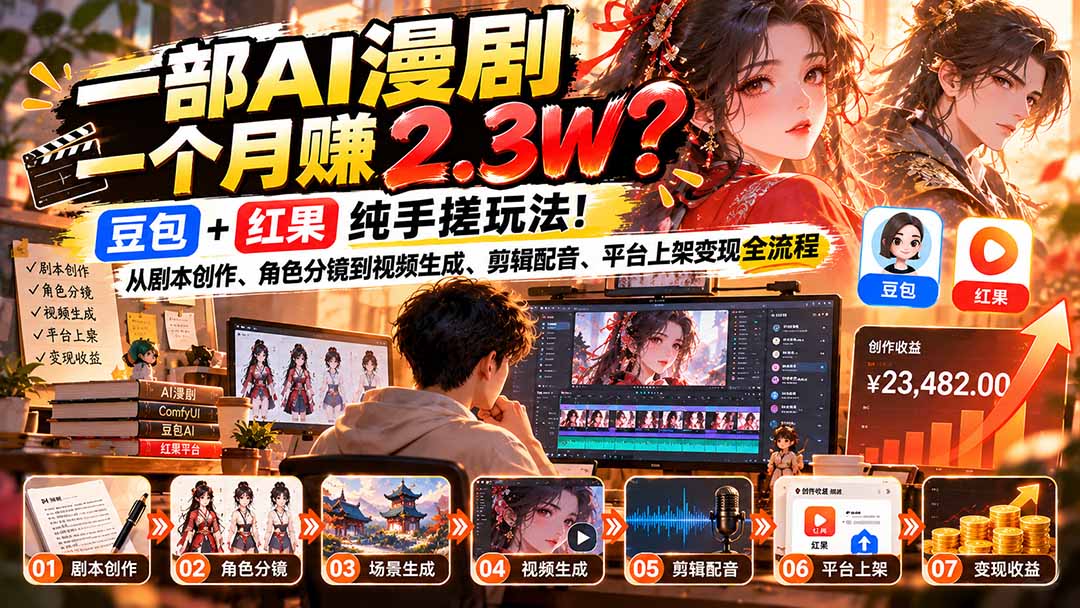 一部AI漫剧一个月赚2.3W？豆包+红果纯手搓玩法！从剧本创作、角色分镜到视频生成、剪辑配音、平台上架变现全流程-爱搭资源网