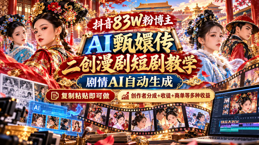 抖音83W粉博主AI甄嬛传二创漫剧短剧教学｜剧情AI自动生成，复制粘贴即可做，各大平台创作者分成+收徒等多种收益-爱搭资源网