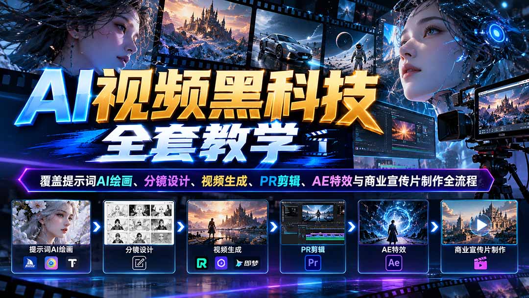AI视频黑科技全套教学：覆盖提示词AI绘画、分镜设计、视频生成、PR剪辑、AE特效与商业宣传片制作全流程-爱搭资源网