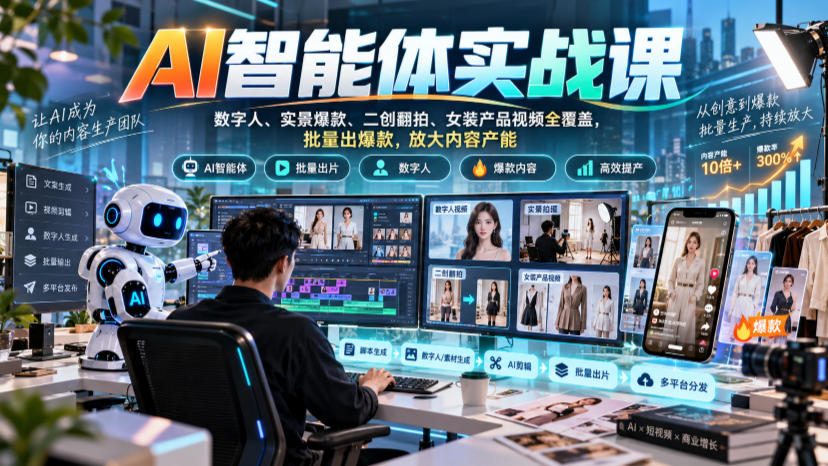 AI智能体实战课，数字人、实景爆款、二创翻拍、女装产品视频全覆盖，批量出爆款，放大内容产能-爱搭资源网