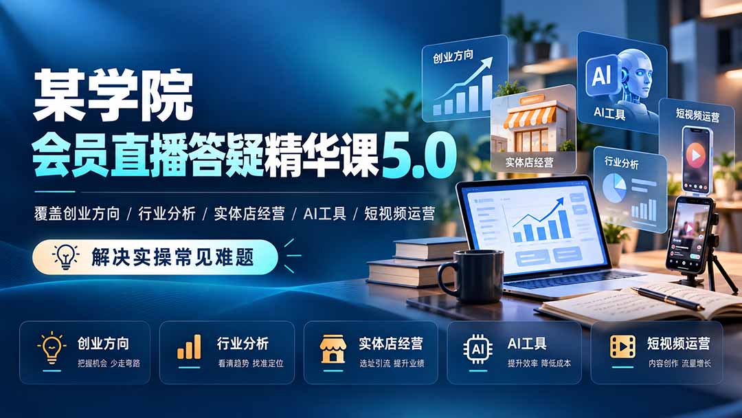 某学院会员直播答疑精华课5.0：覆盖创业方向、行业分析、实体店经营、AI工具和短视频运营，解决实操常见难题！-爱搭资源网