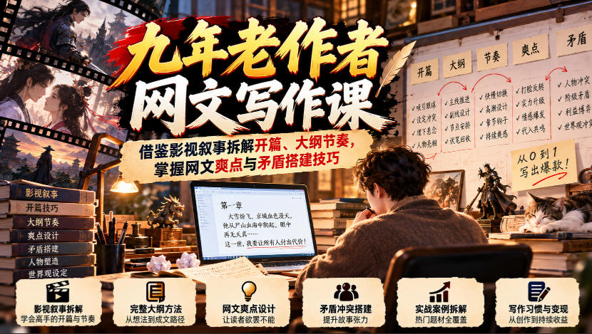 九年老作者网文写作课：借鉴影视叙事拆解开篇、大纲节奏，掌握网文爽点与矛盾搭建技巧-爱搭资源网