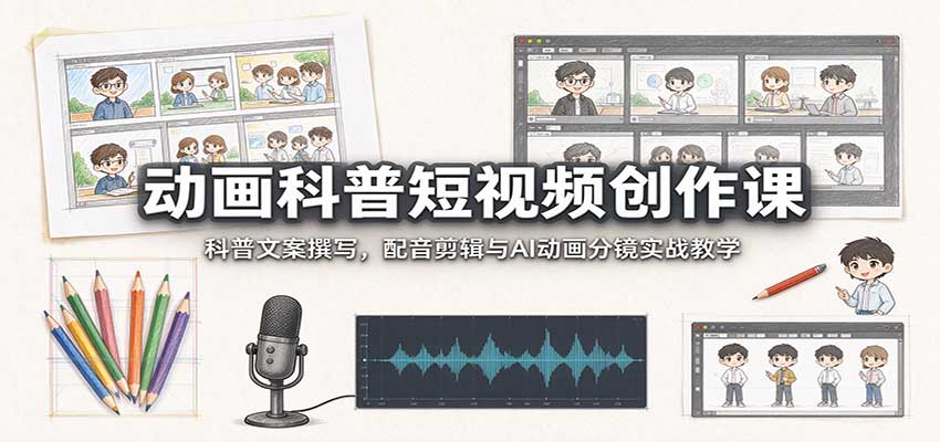 动画科普短视频创作课：科普文案撰写，配音剪辑与AI动画分镜实战教学-爱搭资源网