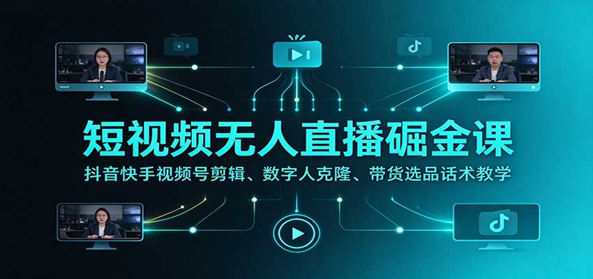 短视频无人直播掘金课：抖音快手视频号剪辑、数字人克隆、带货选品话术教学-爱搭资源网