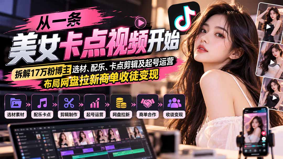 从一条美女卡点视频开始：拆解17万粉博主选材、配乐、卡点剪辑及起号运营，布局网盘拉新商单收徒变现-爱搭资源网