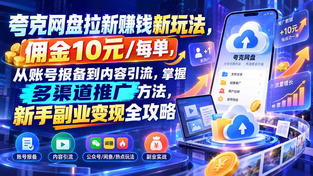 夸克网盘拉新赚钱新玩法，佣金10元/每单，从账号报备到内容引流，掌握多渠道推广方法，新手副业变现全攻略-爱搭资源网
