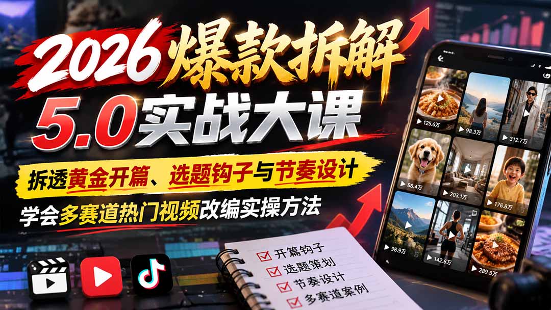 2026爆款拆解5.0实战大课：拆透黄金开篇、选题钩子与节奏设计，学会多赛道热门视频改编实操方法-爱搭资源网