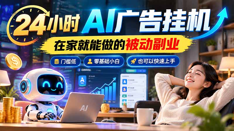24小时AI广告挂机｜在家就能做的被动副业，门槛低，零基础小白也可以快速上手-爱搭资源网