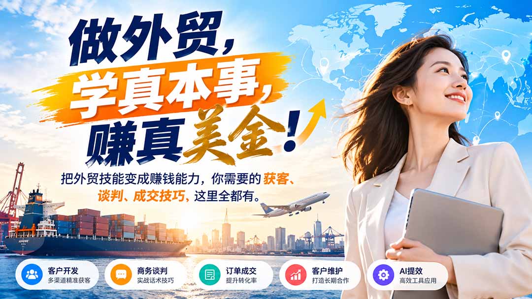 做外贸，学真本事，赚真美金！把外贸技能变成赚钱能力，你需要的获客、谈判、成交技巧，这里全都有-爱搭资源网