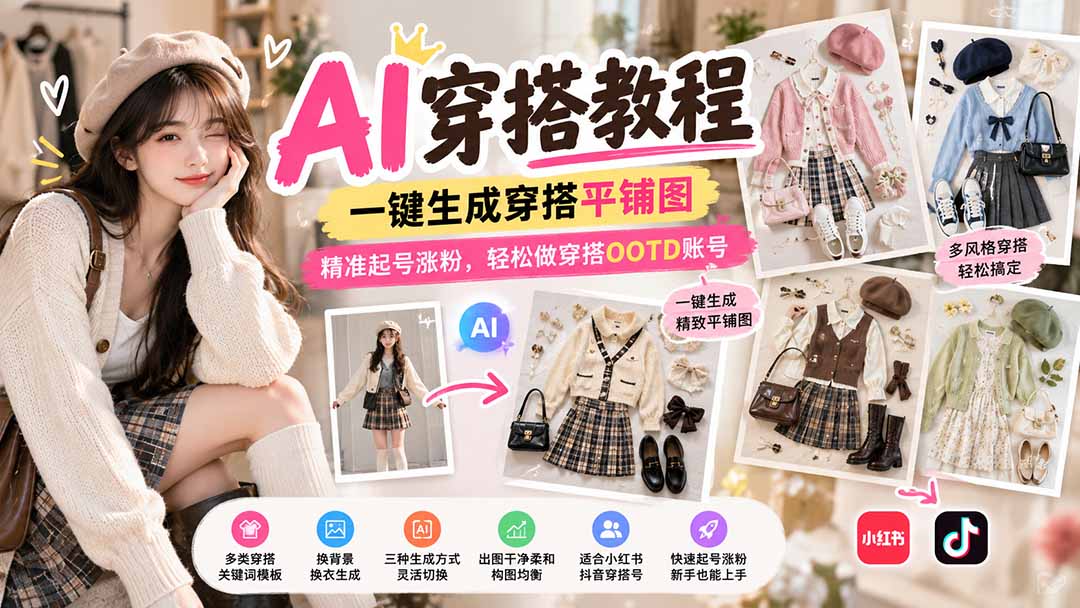 【无水印】AI穿搭教程｜一键生成穿搭平铺图，精准起号涨粉，轻松做穿搭OOTD账号-爱搭资源网