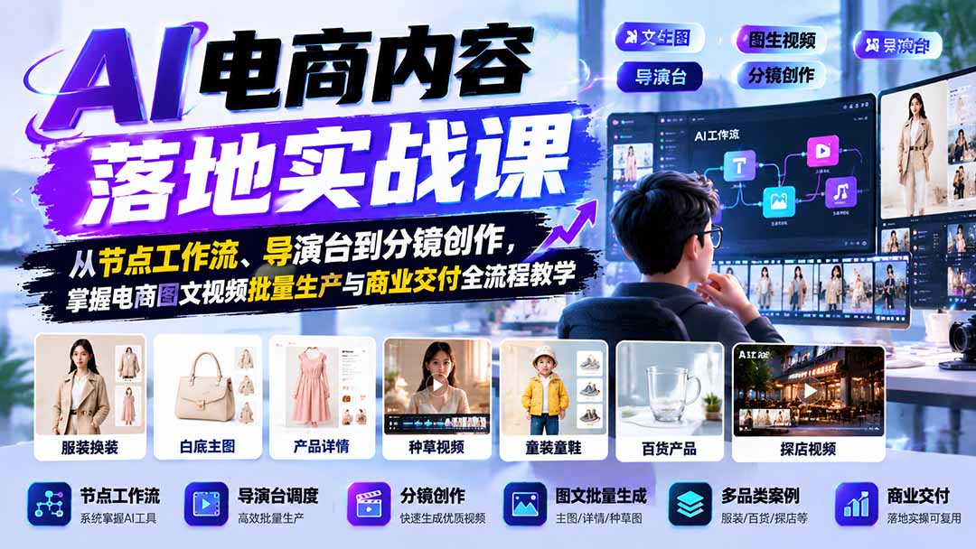 AI电商内容落地实战课：从节点工作流、导演台到分镜创作，掌握电商图文视频批量生产与商业交付全流程教学-爱搭资源网