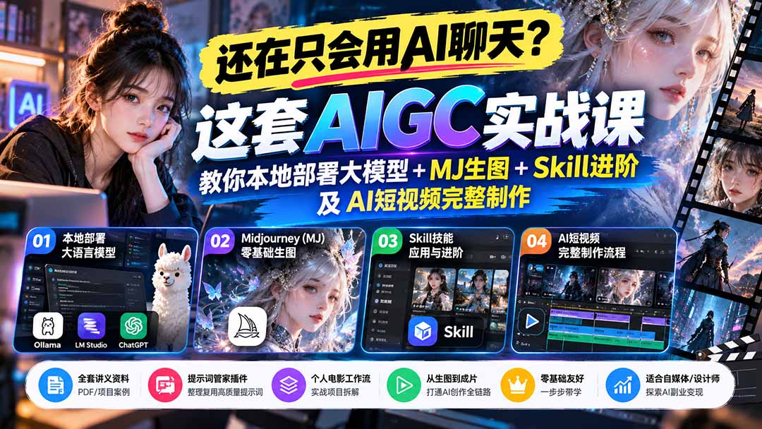 【无水印】还在只会用AI聊天？这套AIGC实战课教你本地部署大模型+MJ生图+Skill进阶及AI短视频完整制作-爱搭资源网