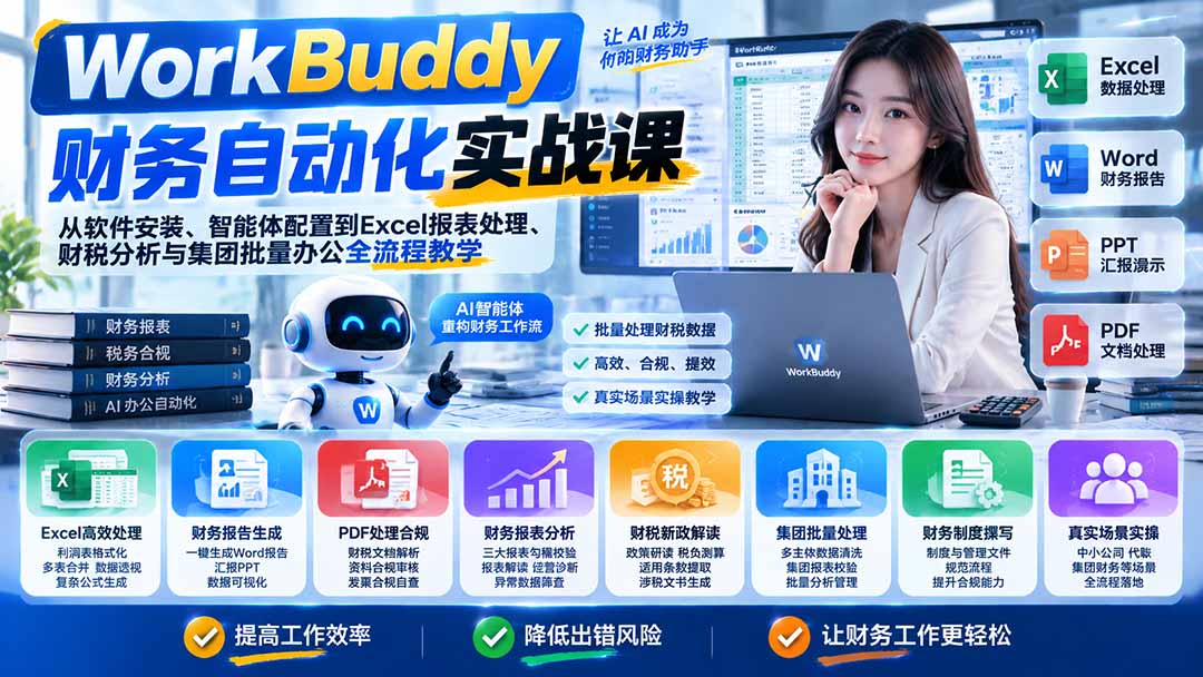 WorkBuddy财务自动化实战课：从软件安装、智能体配置到Excel报表处理、财税分析与集团批量办公全流程教学-爱搭资源网