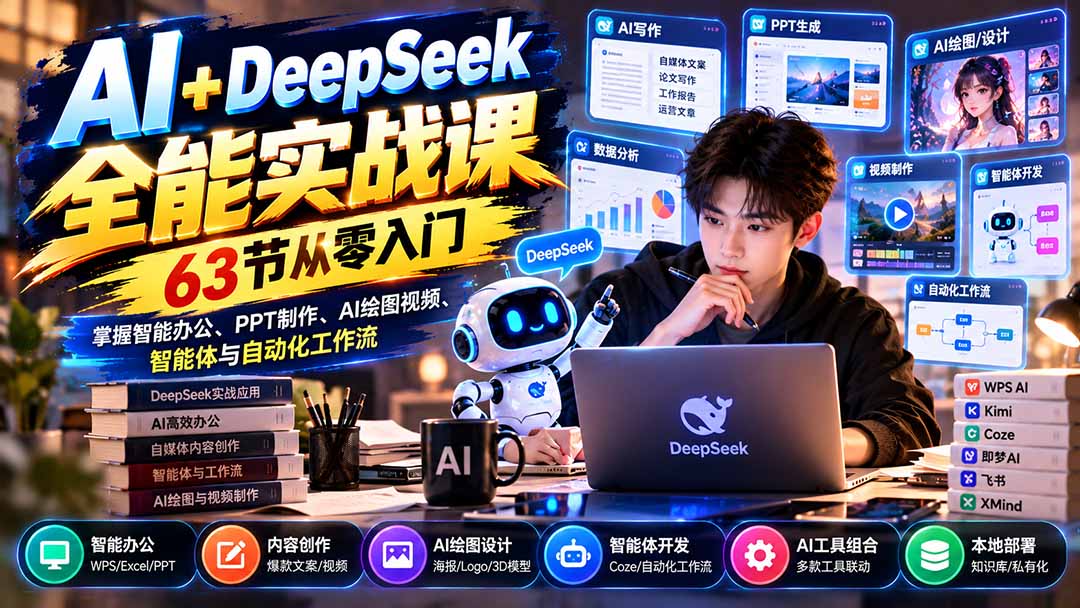 AI+DeepSeek全能实战课：63节从零入门，掌握智能办公、PPT制作、AI绘图视频、智能体与自动化工作流-爱搭资源网
