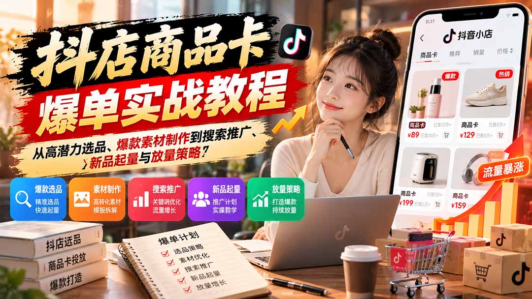 抖店商品卡爆单实战教程：从高潜力选品、爆款素材制作到搜索推广、新品起量与放量策略-爱搭资源网